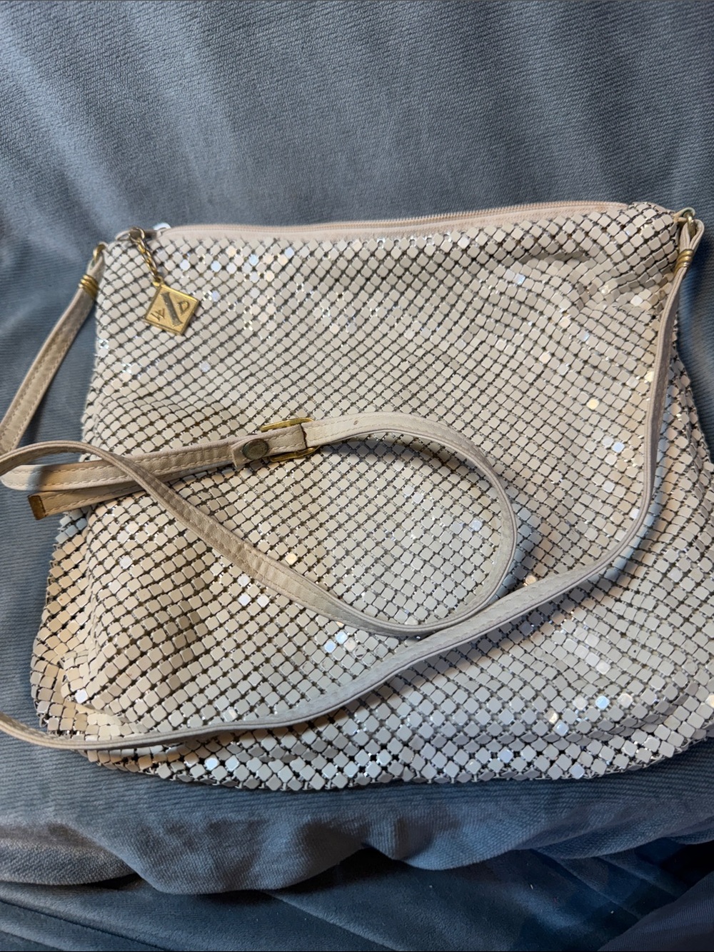 Vintage Whiting & Davis Mesh Metal Shoulder Bag Light Taupe Beige Leather Strap
